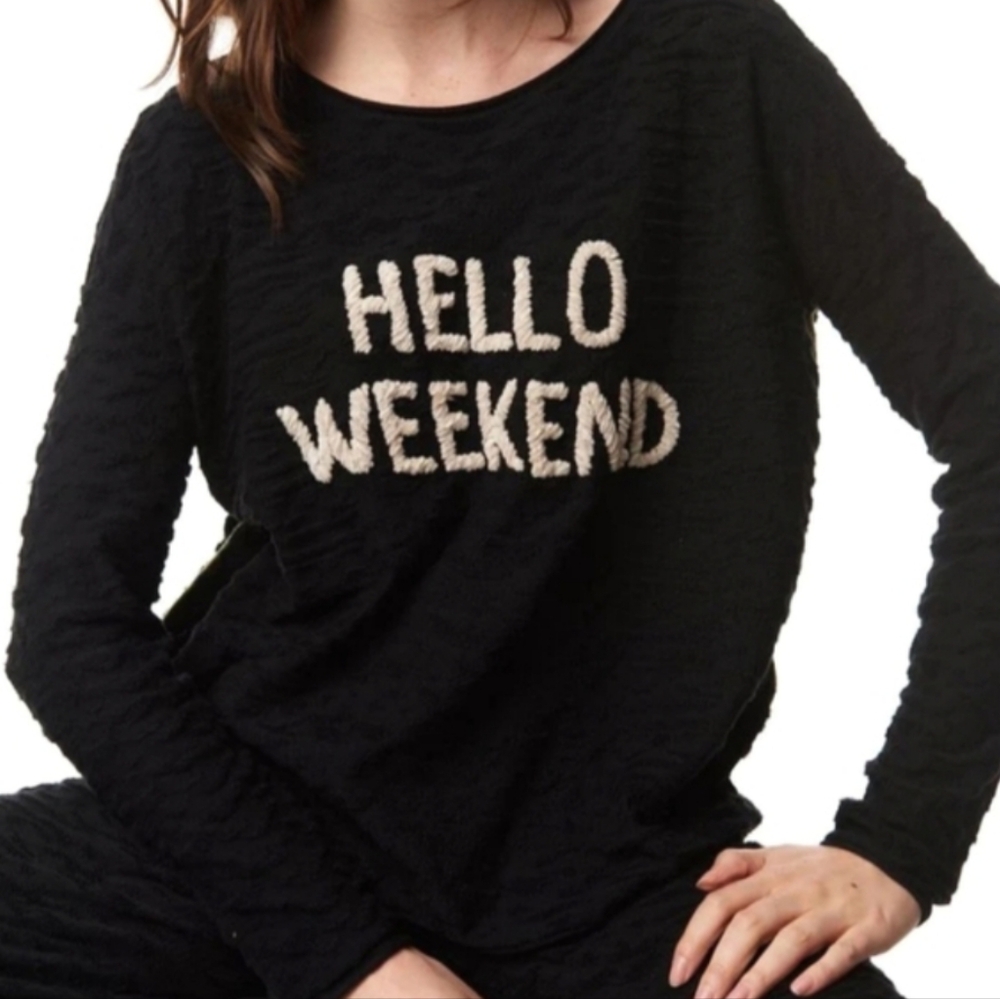Lisa Todd Hello Weekend Black Cotton Tan Sweater Green Stripe Small
